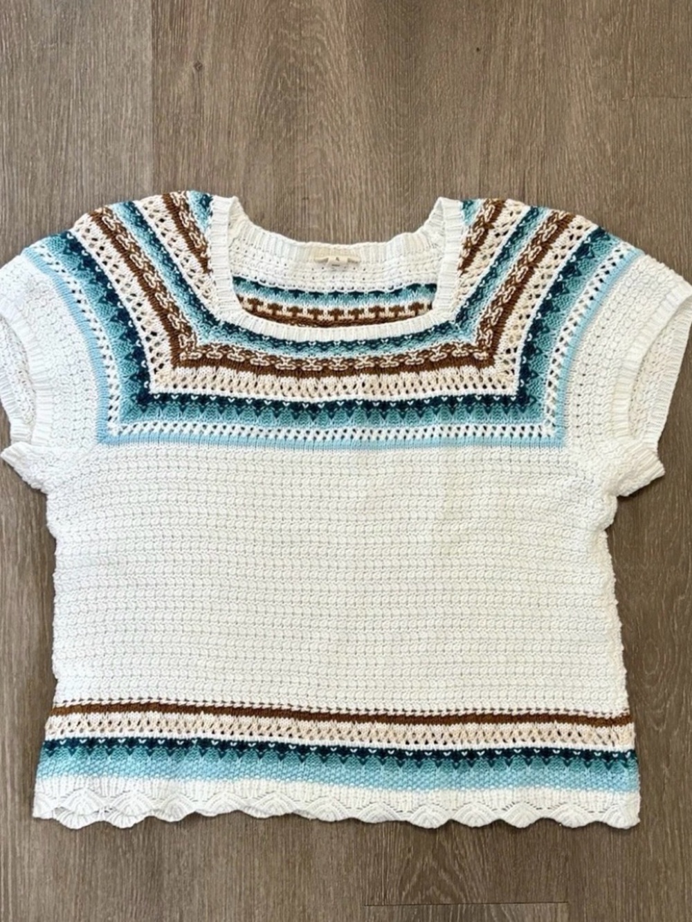 a.n.a White Crochet Short-Sleeve Top with Blue & Brown Stripes